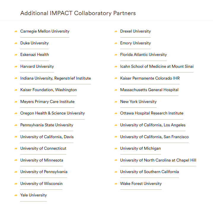 List of university parterns associated with the Imbedded Pragmatic AD/ADRD Clinical Trials (IMPACT) Collaboratory grant